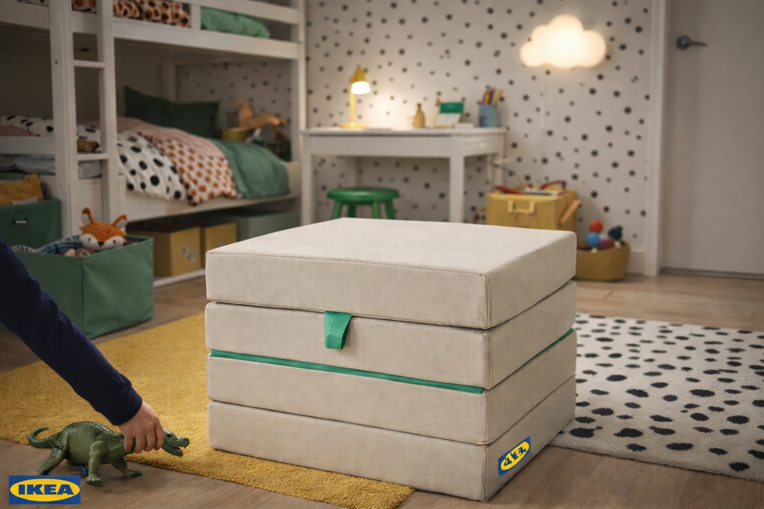 Pouf IKEA SLÄKT in una camera per bambini progettata per ottimizzare lo spazio quotidiano.